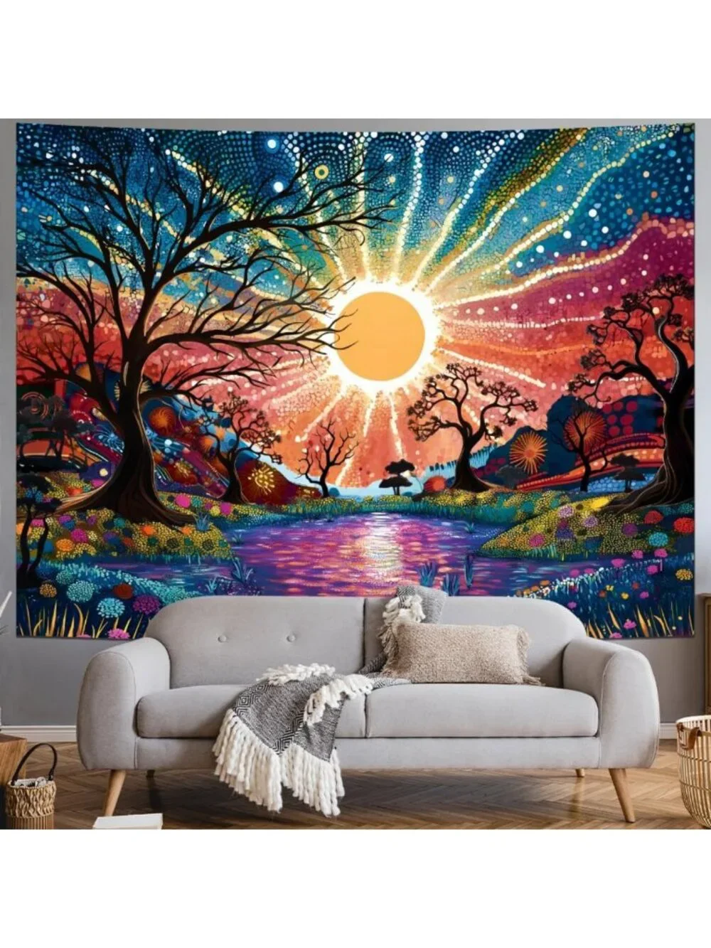 Colorful Tree of Life Tapestry, Trippy Sun & Starry Sky Wall Hanging, Aesthetic